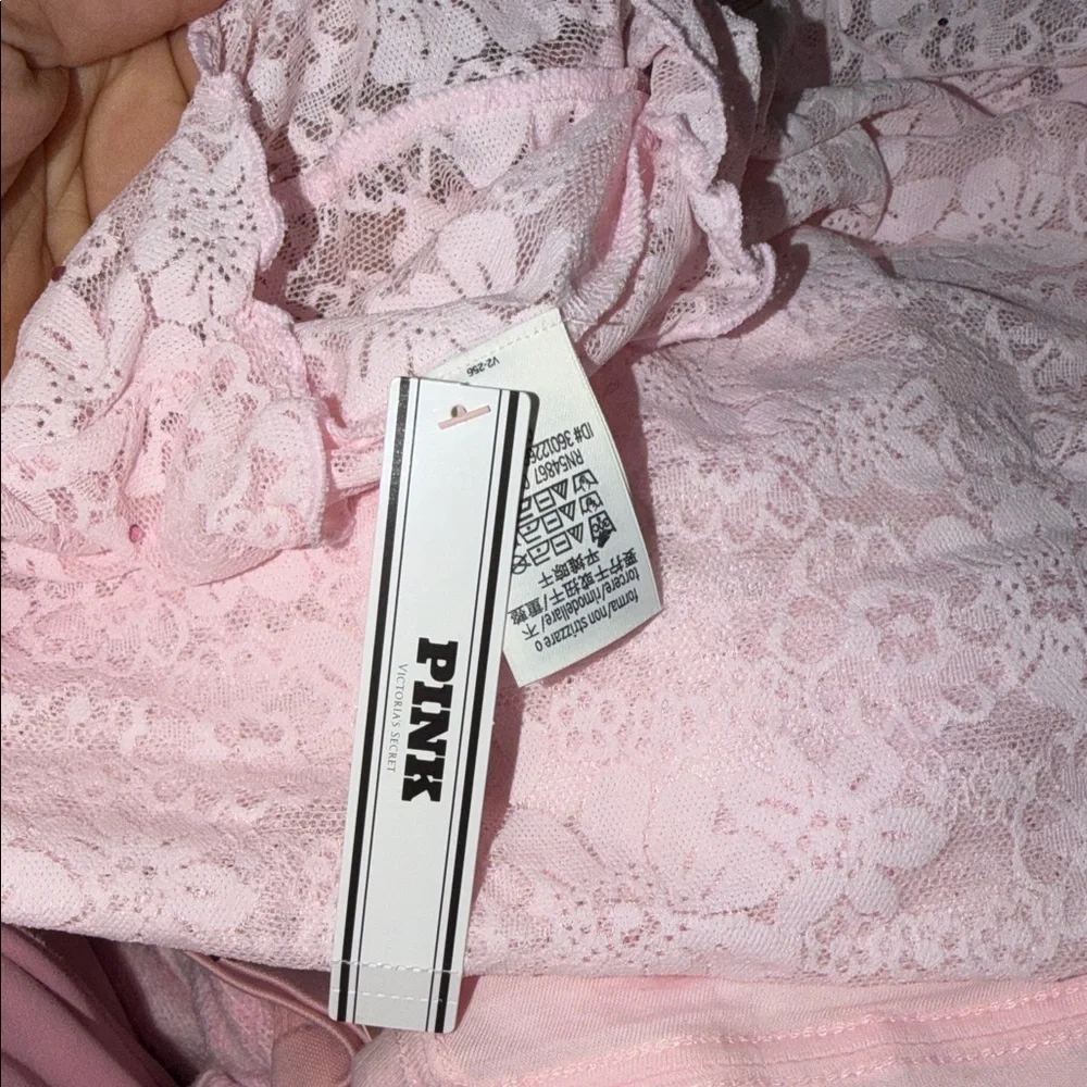 🎀PINK Victoria's Secret Lace Long Sleeve body suit - Light Pink with pink bling